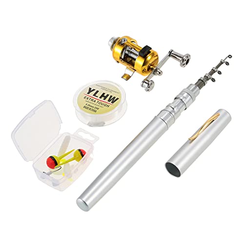 HUIOP Fishing Rod Reel Combo Set Mini Telescopic Portable Pocket Pen Fishing Rod Pole and Reel Aluminum Alloy Fishing Line Soft Lures Baits Jig Hooks