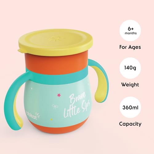 Image of rabitat Sip Around Stainless Steel Sipper 390ml | 2 Years Brand Warranty | Leak Proof | BPA Free | Sippy Cup for Kids with Soft Silicone Rim | Ergonomic Design, Sunny Roar
