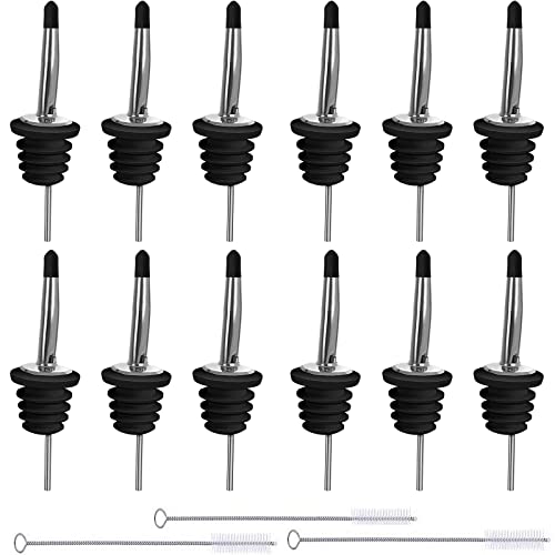 TAFAFTL 12 tapones vertedores de acero inoxidable con tapón de goma para chupitos, aceite, fiestas y bares (con 3 cepillos de paja)