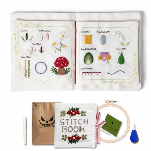 TenDawn Beginner Embroidery Stitch Book with Fabric Pages, 30 Hand Embroidery Stitches for Adults, DIY Sewing Kit with Floral Motifs, Starter Practice Patterns, Gift for Craft Lovers