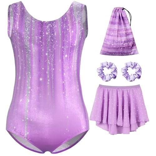 MOLLDAN Girls Gymnastics Leotards Tumbling Outfits Ballet Dance Dress with Removable Skirt Storage Bag Purple Print Set 6Y(6-7 Years)