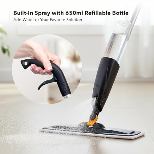Image of OVENTE Microfiber Spray Mop with 650ml Refillable Bottle, Black CTM121BGD | Absorbent Microfiber Pad, Washable & Reusable Pad, 360 Spin Flat Wet Scrubber for Hardwood, Ceramic, Laminate & Vinyl Tiles
