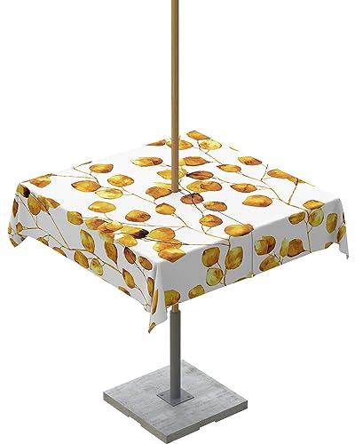 Orange Leaves Outdoor Tablecloths with Umbrella Hole and Zipper, Fall Autumn Watercolor Plant Waterproof/Stain Resistant Square Table Cloth 60x60 Patio Table Cover for Picnic/Party Baby Shower