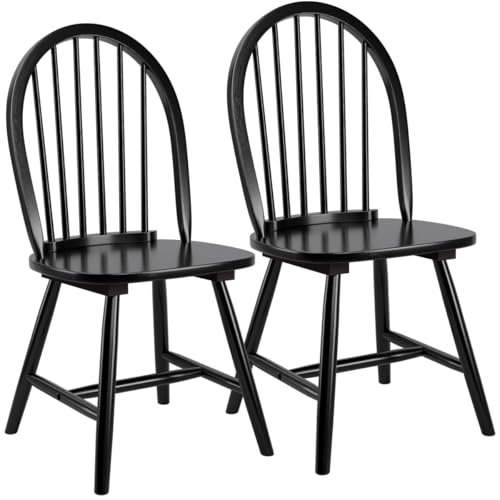 Image of COSTWAY Windsor Dining Chairs Set of 2, Mid-Century Modern Wood Chairs w /Spindle Back & Reinforced H-Shaped Legs, Farmhouse Armless Kitchen Chair for Living Dining Room, Restaurant (Black)
