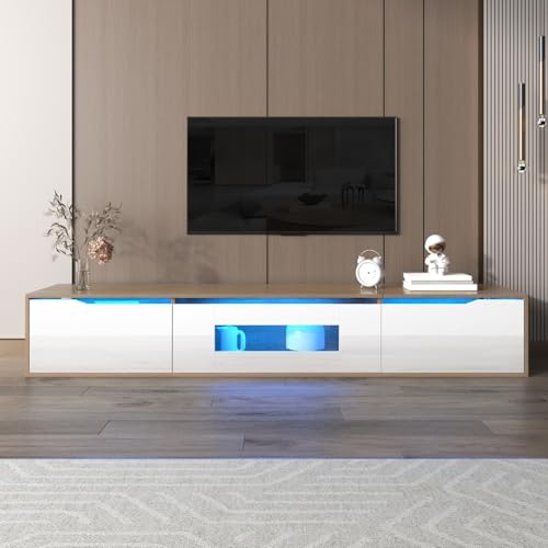 PUGSDRLY Meuble TV Bas avec 3 Compartiments de Rangement,Meuble TV Moderne avec lumière LED changeant de Couleur,180x35x30cm (Blanc+Marron,Trou carré)