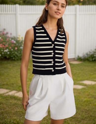 Image of Kedera Women's Sleeveless Knit Striped Sweater Vest Tank Tops Summer Slim V Neck Trendy Pullover, XX-Large