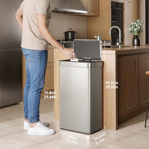 Image of EKO Nova Sensor Trash Can, 21 Gallon /80 Liter Stainless Steel Rectangular Touchless Motion Sensor Trash Can or Recycling Bin, Matte Metallic