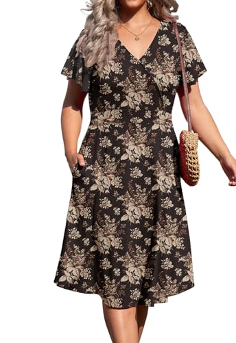 Image of Women's Plus Size Summer Dresses V Neck Ruffle Short Sleeve Casual Wrap A Line Midi Dress with Pockets