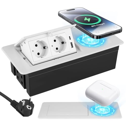 Enchufe retráctil con USB, regleta con cargador inalámbrico 3 en 1 para teléfonos móviles, relojes inteligentes y auriculares, enchufe empotrable para cocina, escritorio, mesa de conferencias