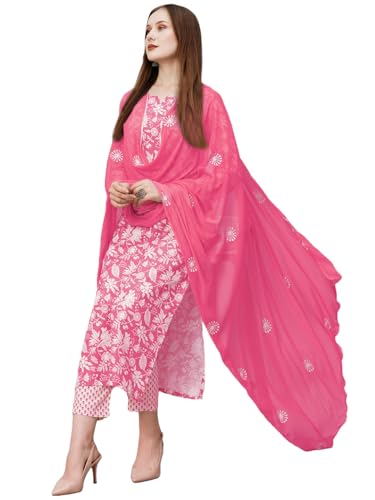 GoSriKi Women's Cotton Blend Printed Straight Kurta with Pant & D...