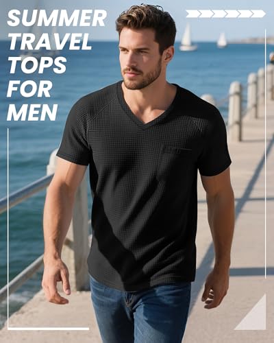 3 Pack Men's T Shirts with Pockets Waffle Knit Casual Textured Short Sleeve Tees V Neck Basic Solid Tops4