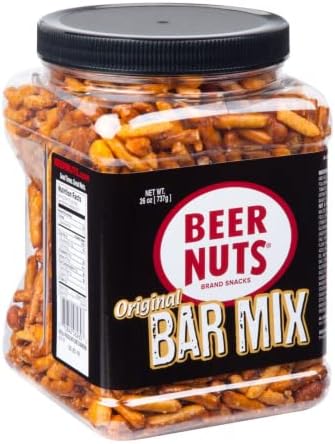 BEER NUTS Original Bar Mix - Crunchy Party Pretzels, Cheese Sticks, Sesame Sticks, Roasted Corn Nuts, & Original Roasted Sweet Glazed Salted Peanuts - Chips Alternative Snack - 26oz Resealable Jar