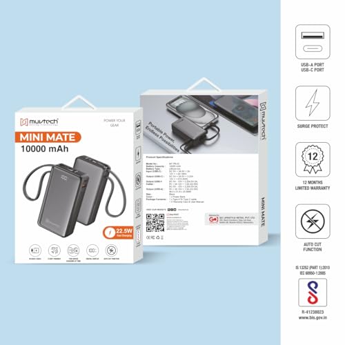 Image of Muvtech Mini Mate Portable Power Bank 10000mAh Fast Charging | Built-in Type-C Cable, Pocket Size, Smart Digital Display USB & Type C Powerbank | Compatible with Samsung, iPhone & Pixel & More