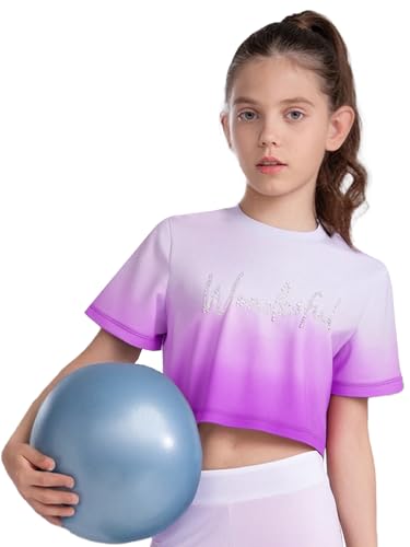 Kids Girls 3Pcs Gymnastics Outfit Set Short Sleeve T-shirt with Shorts and Crop Tank Top for Dance Purple 10 Years4