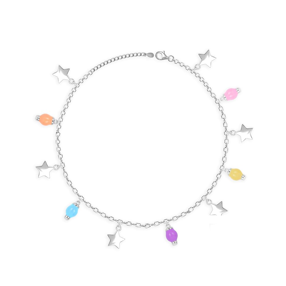 925 Silver Star Drop Charm Anklet | Multicolour Beads & Star Dangles | Adjustable, Lightweight & Hypoallergenic | Fun Style for Girls & Women-image-10