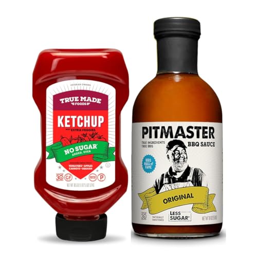 True Made Foods No Sugar Added Ketchup & Pitmaster Original BBQ Sauce Variety Pack, Real Fruit & Veggie Sweetened, Gluten-Free Kansas City Style Barbecue, Low Sugar Condiments, 2 Bottles