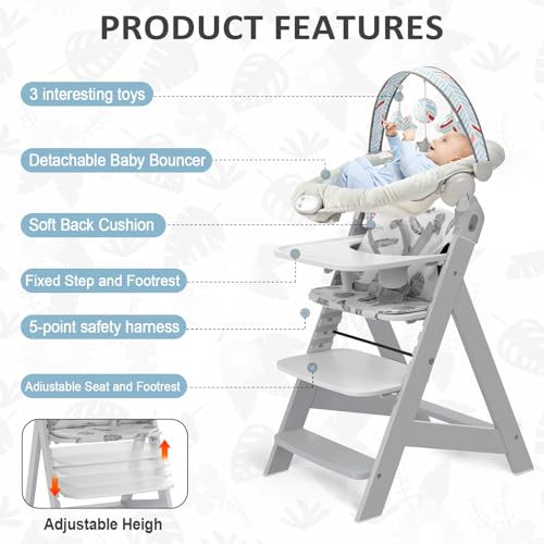Image of Wooden High Chair with Tray, Adjustable High Chair for Babies Toddlers Adults, Convertible Baby Highchair, 5 Point Safety Harness & Soft Cushion, Removable Tray & Adjustable Footrest, Grey