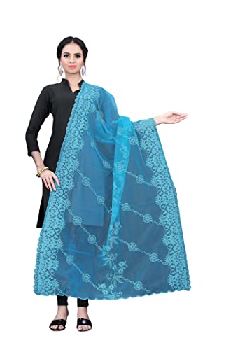 Dupatta bleu clair en nylon net brodé de 2,30m pour éviter les drapés lourds