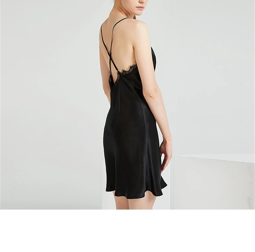 Camisón de Seda con Tirantes para Mujer, con Encaje y Escote en V (Negro M)