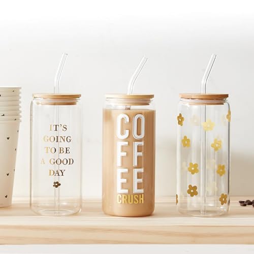 Cold Brew Glass Tumbler With Lid And Straw For Gold Flowers