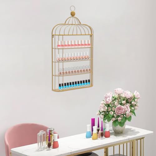 YSLoccbac Wall Mounted Nail Polish Storage Rack 4 Tier Gold Birdcage Design Cosmetic Organizer with Raised Guardrails for Makeup Perfume Lipstick Bathroom Bedroom
