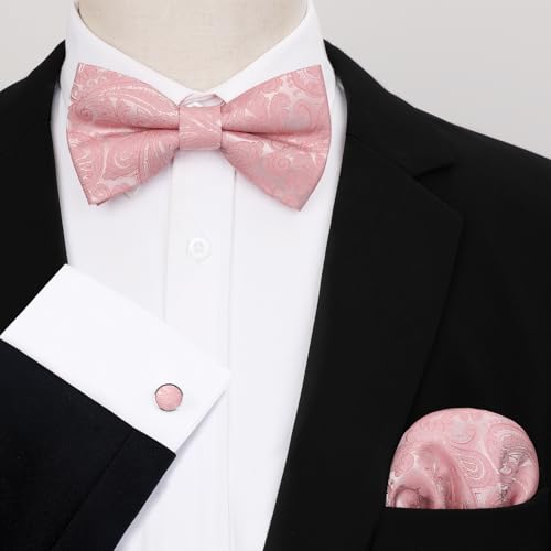 Image of HISDERN Bow Ties for Men Pretied Bow Tie Set Paisley Classic Bowties and Pocket Square Cufflinks Set for Wedding Party