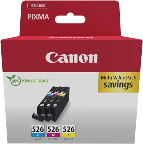 Canon CLI-526 C M Y Vorteilspack 3 Tintenpatronen (Cyan, Magenta, Gelb) Original [Umweltfreundliche Recycle-Kartonverpackung 2024]