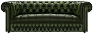 Carpet Kingdom Genuine Leather Chesterfield Fixed Button Seat Three Seater Sofa Antique Green
