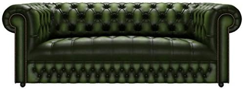 Carpet Kingdom Genuine Leather Chesterfield Fixed Button Seat Three Seater Sofa Antique Green