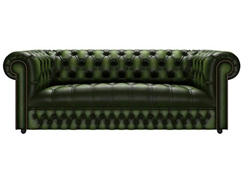 Carpet Kingdom Genuine Leather Chesterfield Fixed Button Seat Three Seater Sofa Antique Green