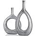 Silver Ceramic Hollow Elliptical Vase Set of 2 - Boho Circle Vase with Hole, for Modern Silver Table Decor, Living Room Decor Shelf mid Century Modern Home Entrance Decorative vase
