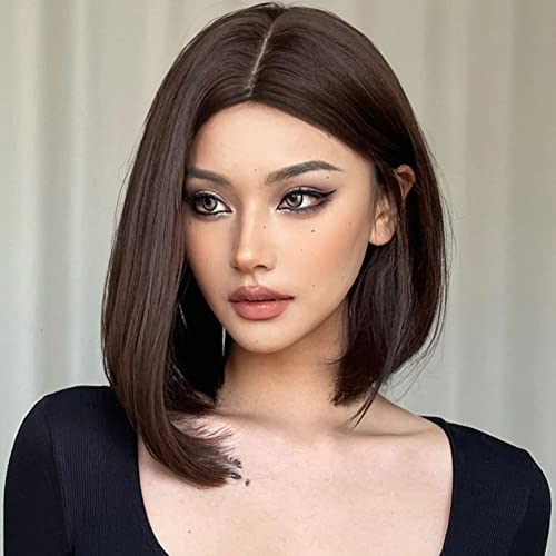 MIMAN 14 Inch Shoulder Length Dark Brown Straight Bob Wigs