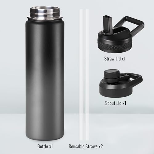Image of Fijinhom 24 oz Insulated Water Bottle with Handle, 304 Stainless Steel Water Bottles with 2 Lids, Double Wall Vacuum Sports Water Cup with Straw, BPA Free, Keep Cold and Hot, Black /Gray