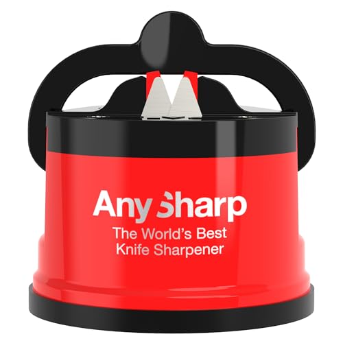 AnySharp Messerschärfer, Freihändige Sicherheit, PowerGrip Saugnapf, Sicheres Schärfen aller Küchenmesser, Ideal für gehärteten Stahl & Wellenschliff, Weltbeste Qualität, Kompakt, Rot