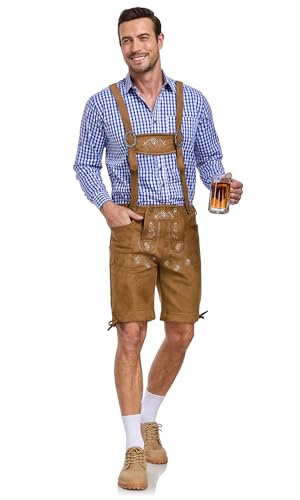 AMZHOTER Lederhose Herren Tracht Oktoberfest Trachtenhose Trachtenlederhosen Kurz Lederhosen Mann Braun bayrische Trachten Hose Trachtenmode mit Hosenträger Hellbraun 48