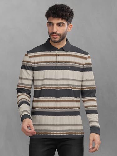 Image of BULLMER Striped Textured Printed Polo Neck Fullsleeve T-Shirt with Rib for Men
