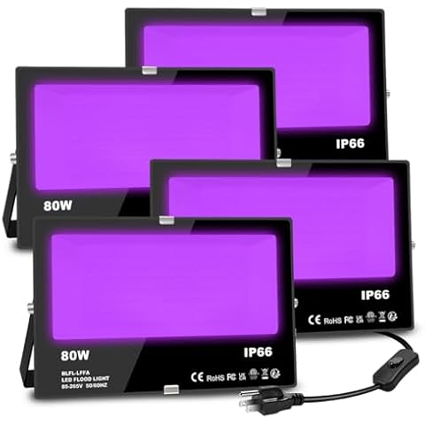 MELPO Black Light 80W Blacklight Flood Light Outdoor for Glow Party, Halloween Decoration, Body Paint, Fluorescent Poster, Stage Lighting，Neon Glow, IP66, US-Plug-Switch-5.9Ft Cord (4 Pack) Cover
