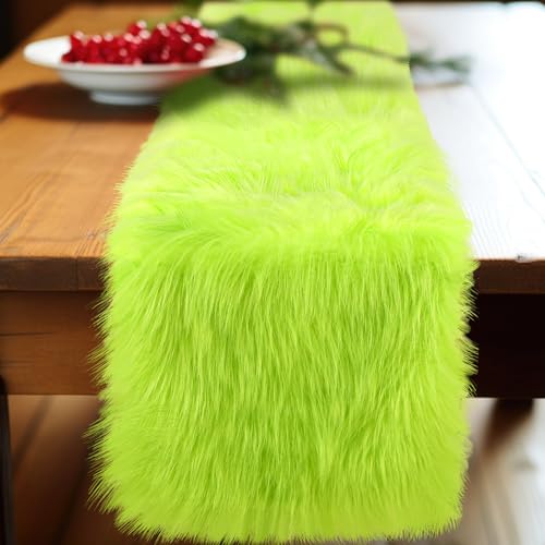 Honeydak Christmas Green Faux Fur Table Runner Merry Christmas Table