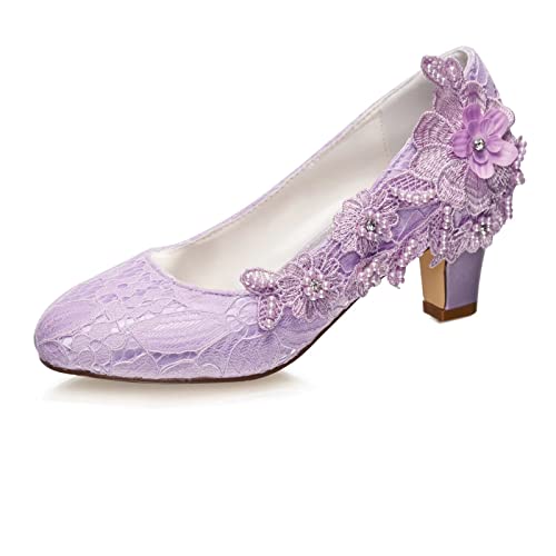 Emily Bridal 1505-1B Women's Wedding Shoes Closed Toe 2.56 Inches Chunky Heel Lace Satin Pumps with Rhinestone Lace Flower Bridal Shoes (EU39/8 B(M) US, Light Purple) by Emily Bridal - Used condition - US$37.04