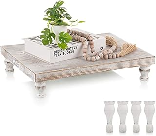 Hanobe Wooden Riser Decorative Tray: Farmhouse Wood Pedestal Display Stand Rustic Whitewashed Tray Riser Centerpiece for Coffee Bar Kitchen Dining Room Home Table Decor, Short & Tall Footed