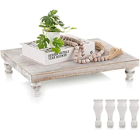 Hanobe Wooden Riser Decorative Tray: Farmhouse Wood Pedestal Display Stand Rustic Whitewashed Tray Riser Centerpiece for Coffee Bar Kitchen Dining Room Home Table Decor, Short & Tall Footed Cover