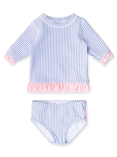 Image of RuffleButts Baby /Toddler Girls UPF50+ Sun Protection Seersucker Short Sleeve Ruffle Rash Guard Bikini