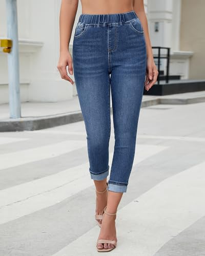 Vetinee Capris Jeans for Women High Waisted Pull On Elastic Waist Skinny Stretchy Denim Capri Pants Rolled Cropped Jeans3