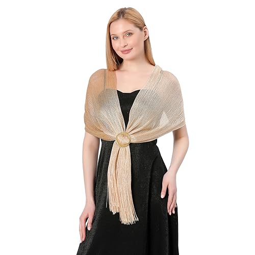 Image of Stoles for Evening Dress with Buckle, Fringes - Polyester Blend, Shimmer Stole Wraps for Weddings, Party | Women's Clothing