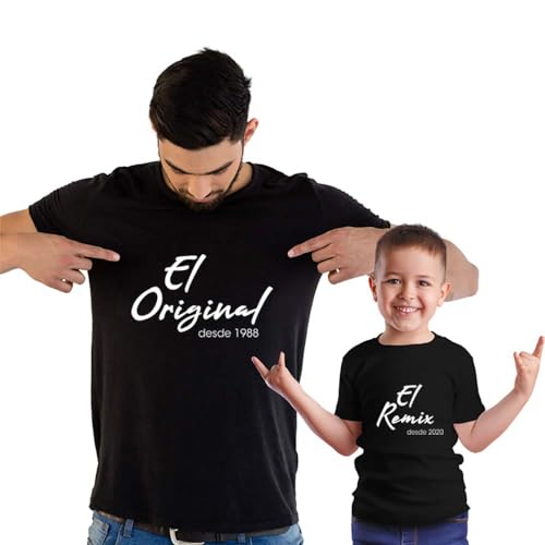 CALLE DEL REGALO Pack Camisetas Personalizadas Original y Remix, un Conjunto de Dos Camisetas: Camiseta Adulto + Camiseta Infantil o Body. Todo Personalizado con el año de Nacimiento