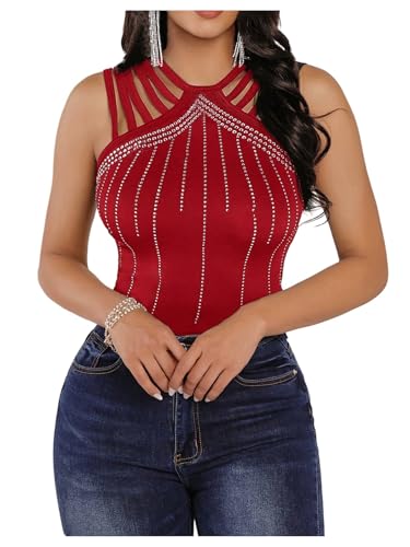 SOLY HUX Women's Tank Tops Sparkle Rhinestone Cut Out Sleeveless