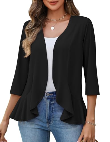Zeagoo 3/4 Sleeve Cardigan for Women Open Front V Neck Lightweight Business Casual Spring Black Blazers