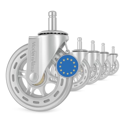 ModernAlma ® – Ruedas Silla Oficina 11x22mm Goma Silicona Antirayas | Juego 5 Ruedas Universales para Parquet y Alfombra | Para Silla Gaming Silenciosas y Resistentes (Plateada/Transparente)