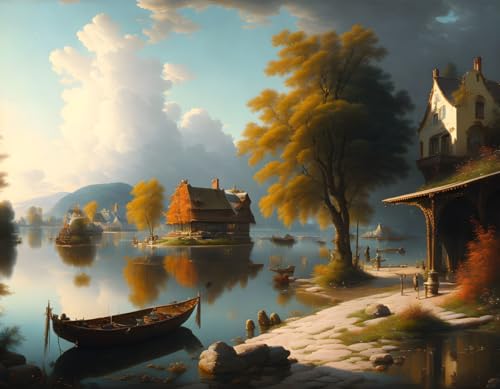 Art mural affiches sur toile grand format 58x90cm paysage lac et café de rue SERENDIPITP