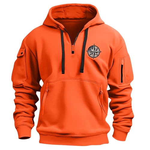 Image of Mans Hoodie, 1/4 Zip Pullover Hoodie Zipped Pocket Fleece Drawstring Long Sleeve Tracksuit Tops Cuff Shirts Hooded Loose Fit Casual Classic Fashion Work Hoody Sweatshirts (XL, Orange)